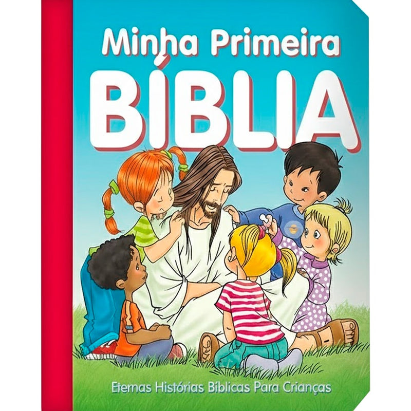 Capa do livro Minha Primeira Bíblia, ilustrada com Jesus e crianças em um campo verde. — Plenitude