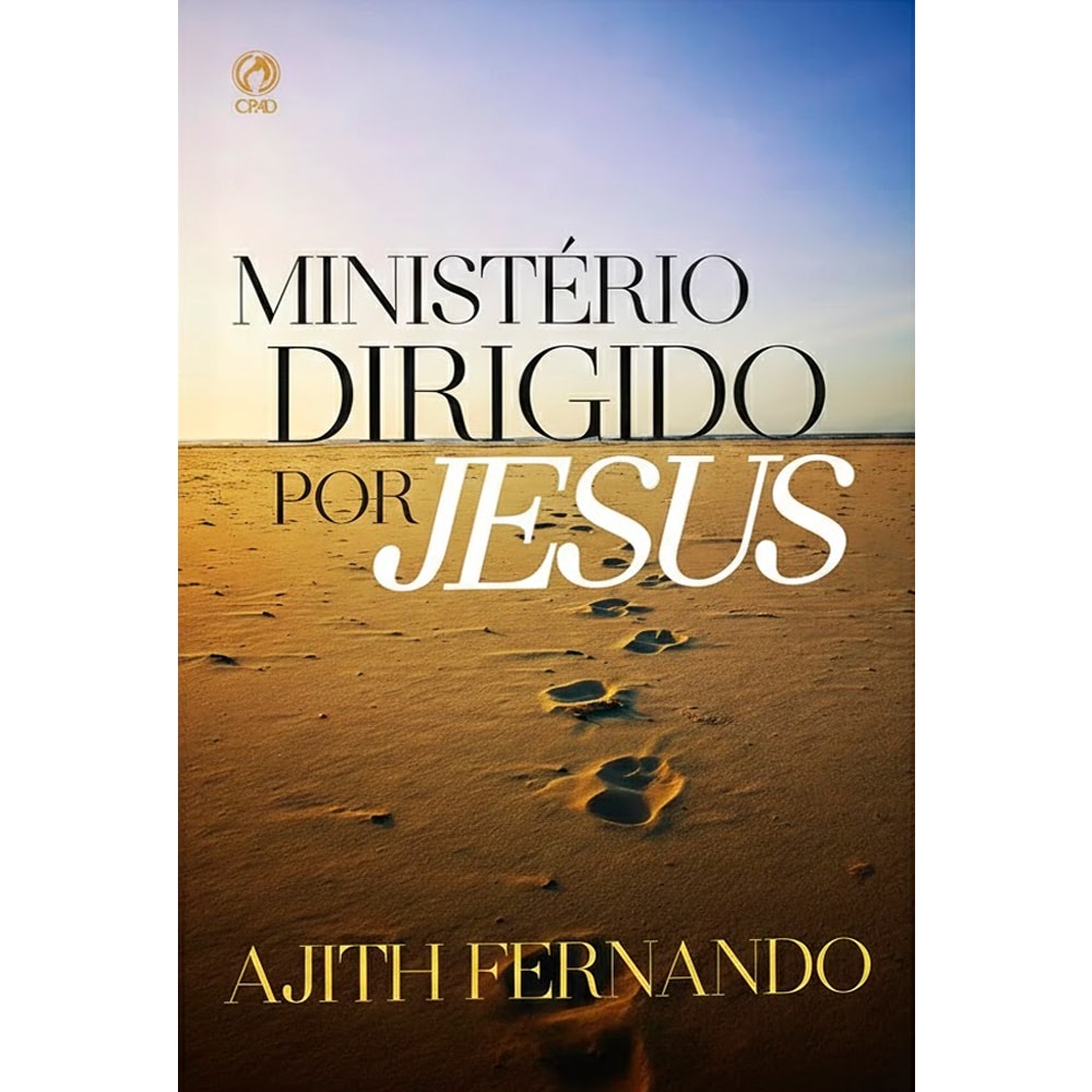 Livro: Ministério Dirigido Por Jesus, Ajith Fernando, capa com pegadas na areia. — Plenitude