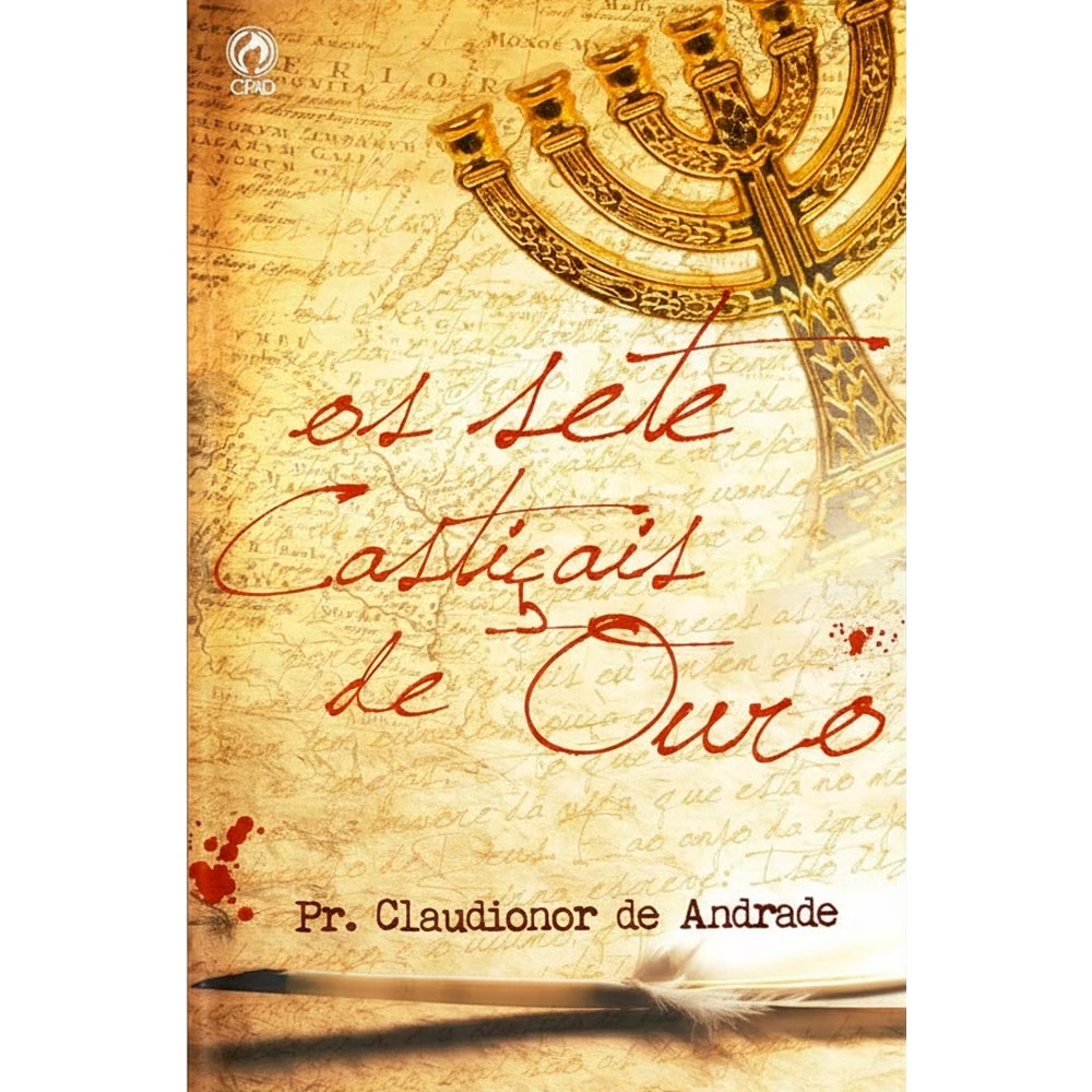 Livro Os Sete Castiçais de Ouro de Claudionor de Andrade, capa com menorá dourada e texto manuscrito. — Plenitude