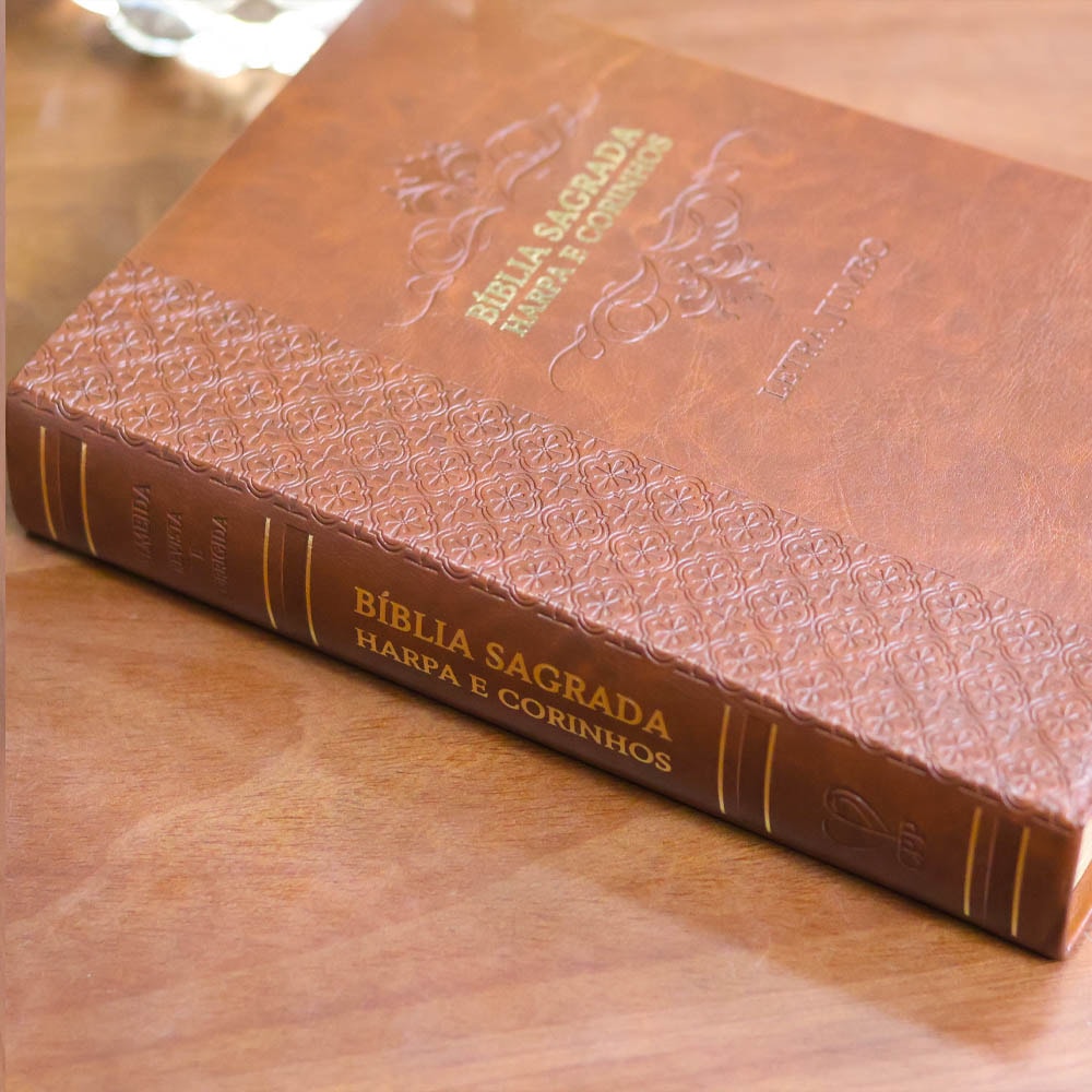 Bíblia Sagrada | Letra Jumbo | ARC | Harpa Avivada e Corinhos | Capa PU Luxo Arabesco Caramelo