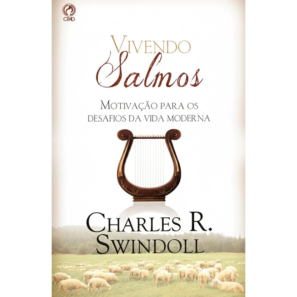 Livro Vivendo Salmos de Charles R. Swindoll, capa branca com harpa e ovelhas. — Plenitude