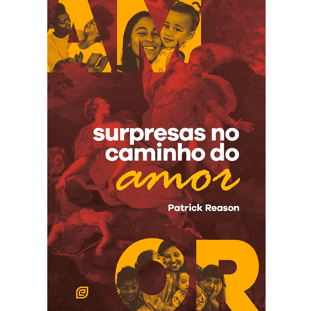 Livro Surpresas no Caminho do Amor de Patrick Reason, capa vermelha e amarela com fotos de pessoas. — Plenitude