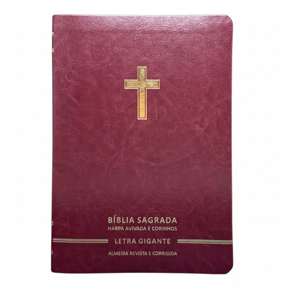 Bíblia Sagrada Letra Gigante ARC Harpa Avivada e Corinhos, capa premium luxo bordô com cruz dourada. — Plenitude