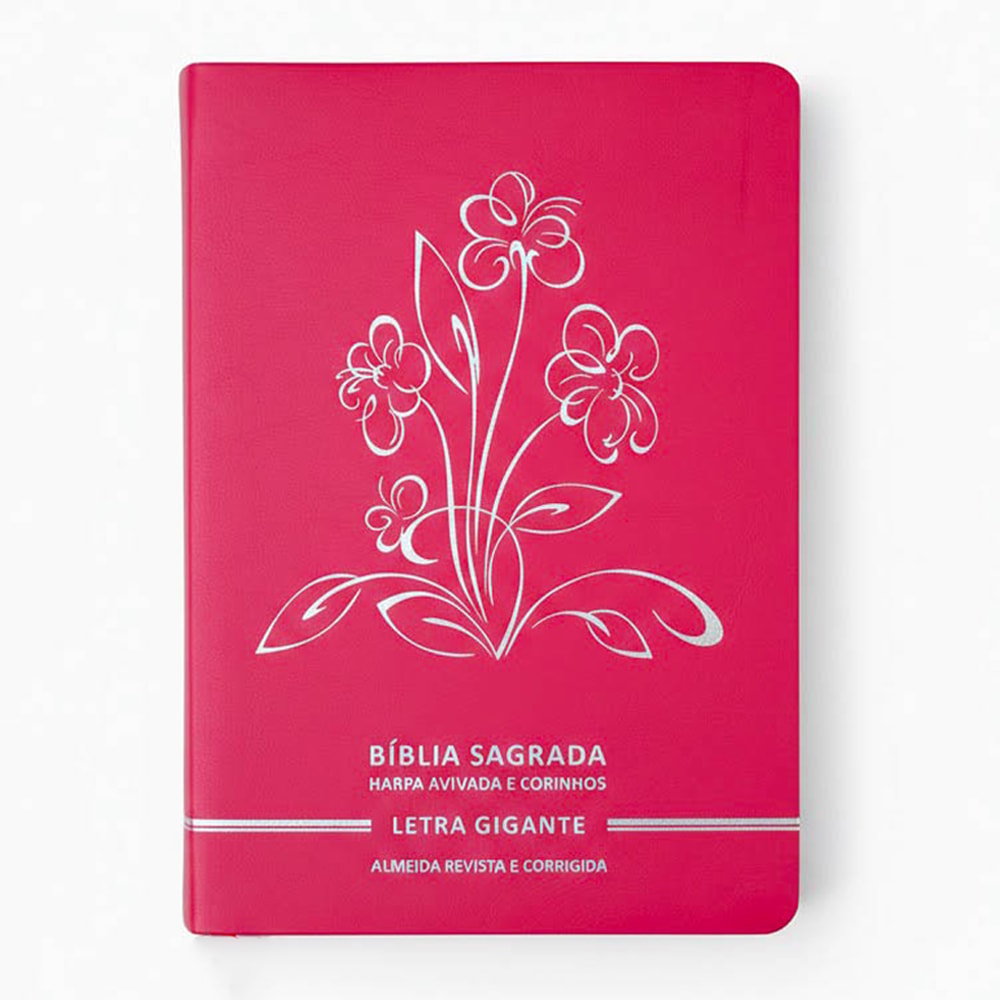 Bíblia Sagrada Letra Gigante ARC com Harpa e Corinhos, capa premium luxo pink com flores prateadas. — Plenitude