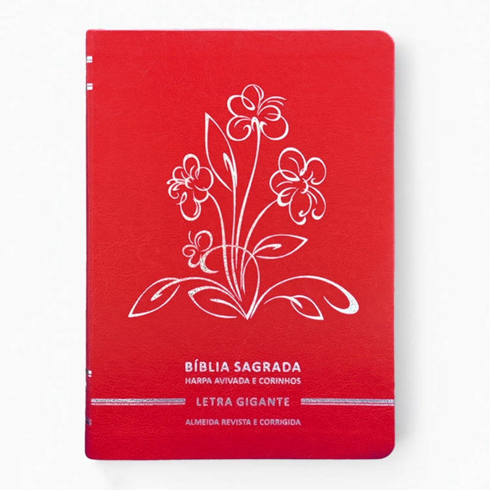 Bíblia Sagrada Letra Gigante ARC, capa vermelha com estampa de flores brancas e detalhes em prata. — Plenitude