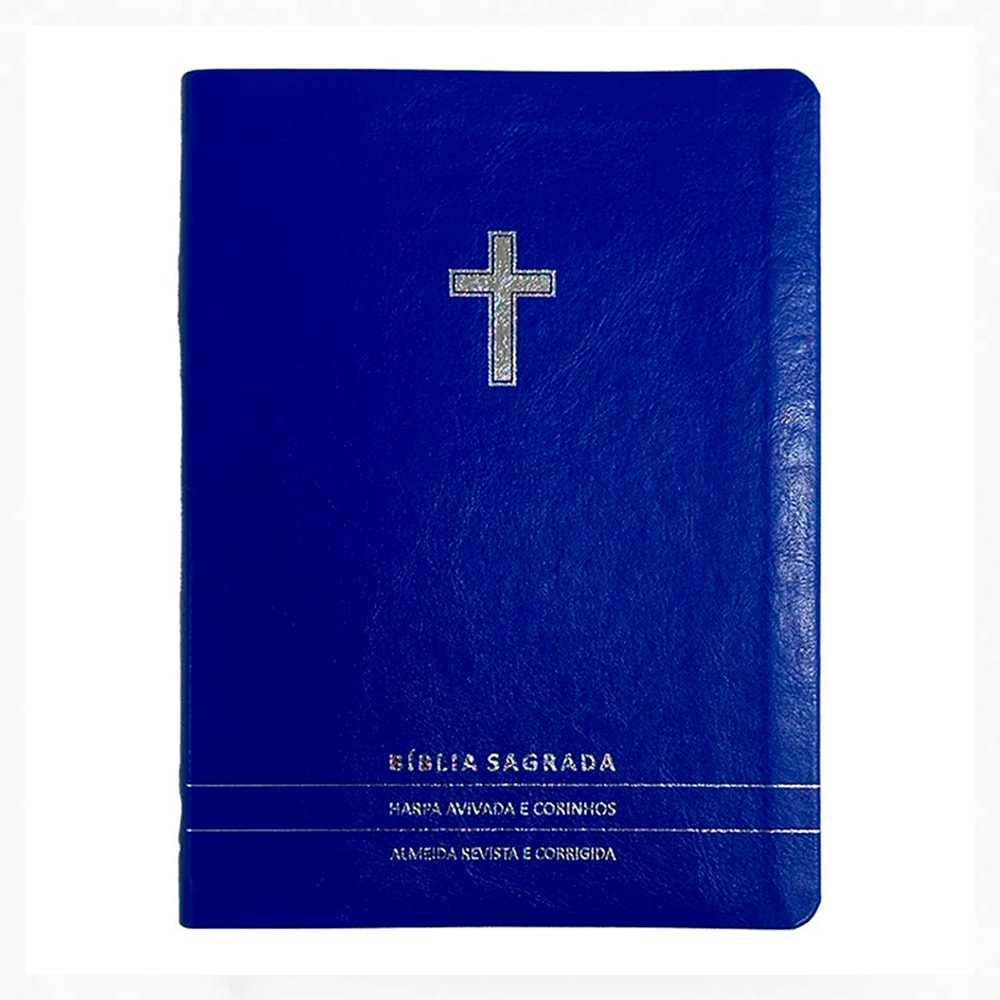 Bíblia Sagrada Slim ARC azul com capa premium luxo, cruz prateada, Harpa e Corinhos. — Plenitude