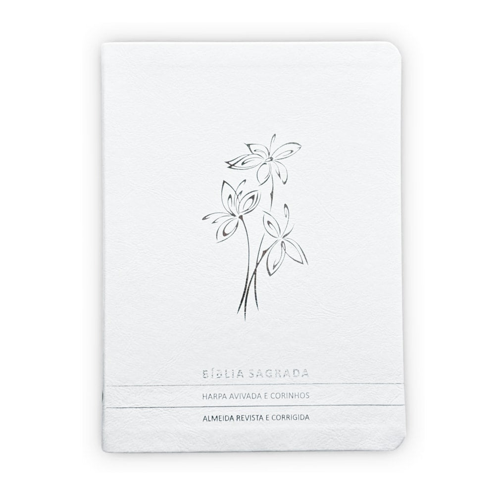 Bíblia Sagrada Slim, Almeida Revista e Corrigida, capa branca com flores em relevo, harpa e corinhos. — Plenitude