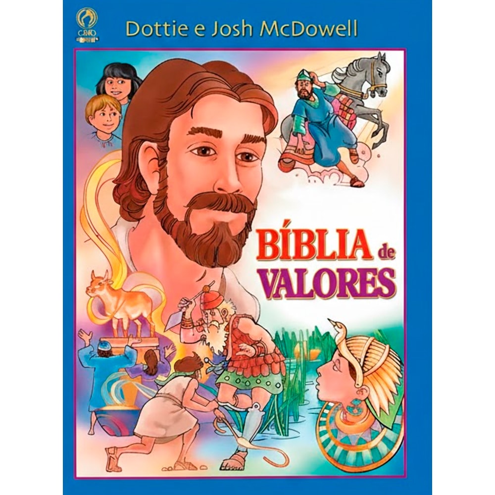 Capa da Bíblia de Valores de Dottie e Josh McDowell, ilustrada com Jesus, crianças e cenas bíblicas coloridas. — Plenitude