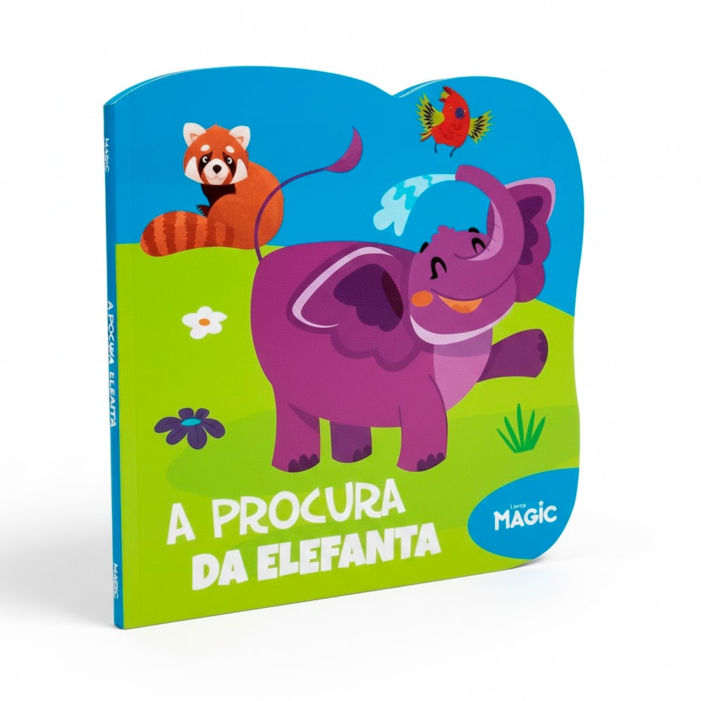 Livro A Procura da Elefanta, Livros Magic, capa verde com elefante roxo e outros animais, em formato recortado. — Plenitude