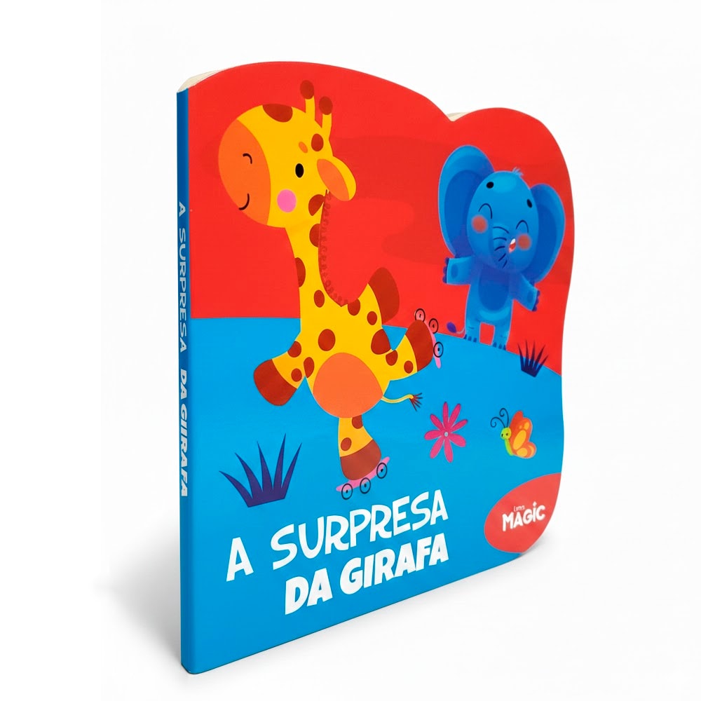 Livro infantil A Surpresa da Girafa da Livros Magic, capa cartonada colorida com girafa e elefante. — Plenitude