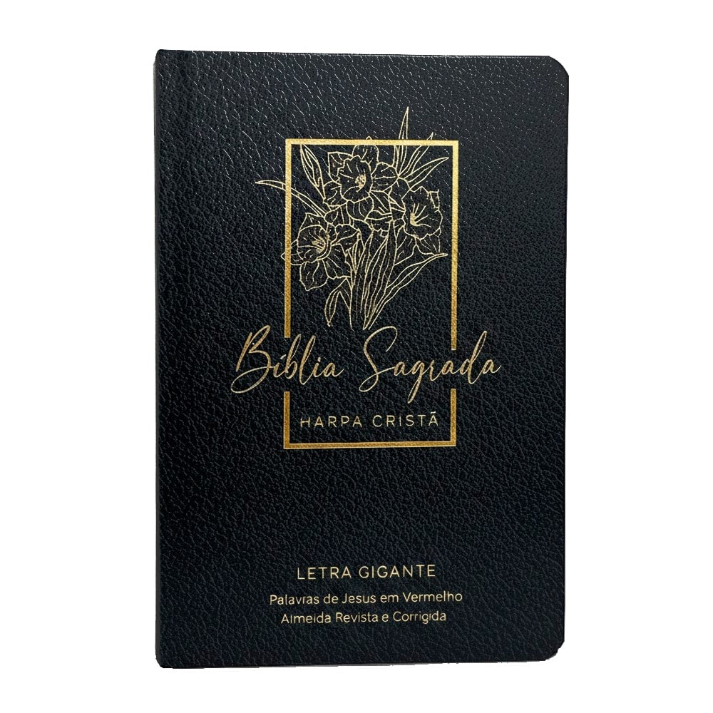 Bíblia Sagrada ARC Letra Gigante com Harpa Cristã, capa semiflexível floral preta e palavras de Jesus em vermelho. — Plenitude