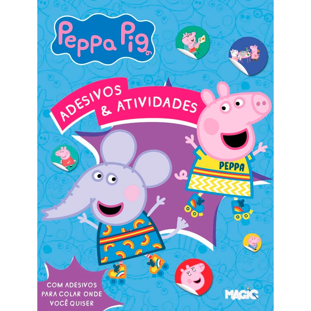 Livro Peppa Pig Adesivos e Atividades Magic Kids, capa azul com Peppa e Elefante. — Plenitude