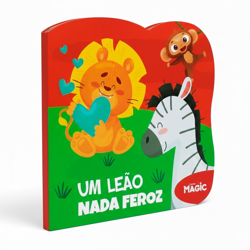 Livro infantil cartonado Um Leão Nada Feroz, capa vermelha com leão e zebra. — Plenitude