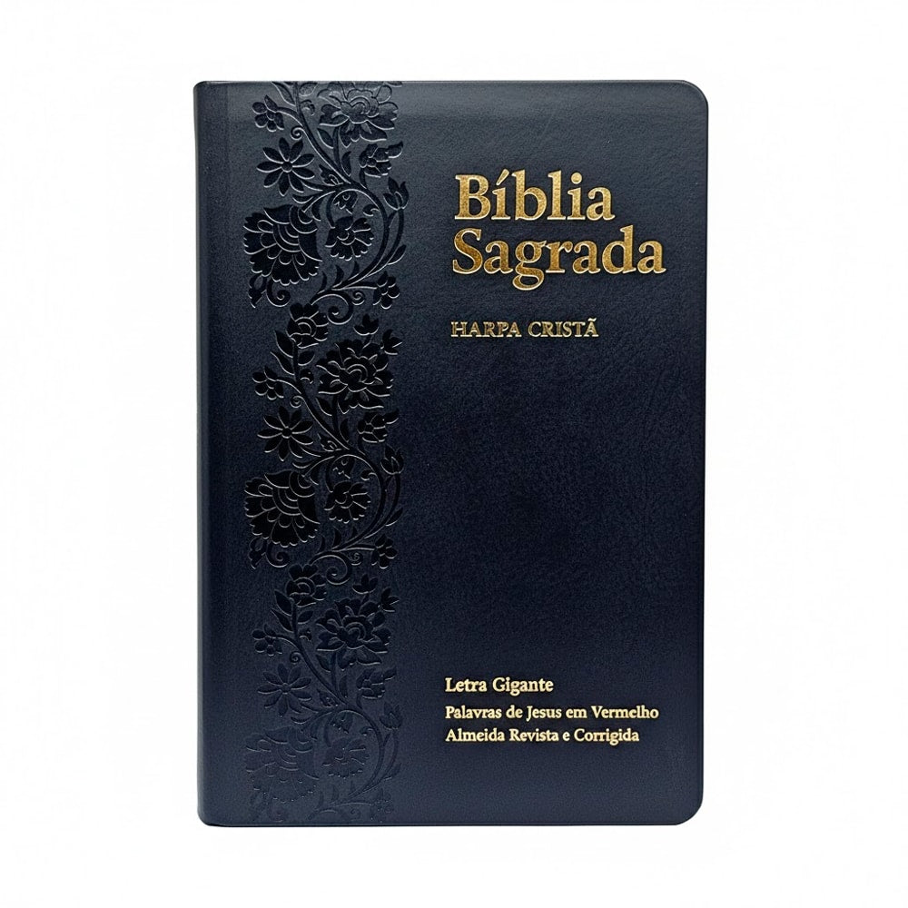 Bíblia Sagrada ARC Letra Gigante Harpa Cristã, capa luxo preta com floral em relevo. — Plenitude