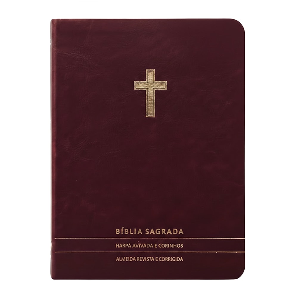 Bíblia Sagrada Slim ARC, capa premium luxo bordô com cruz dourada, Harpa e Corinhos. — Plenitude