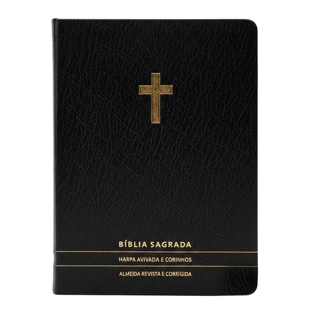 Bíblia Sagrada ARC, capa preta premium luxo com cruz dourada, Harpa Avivada e Corinhos. — Plenitude