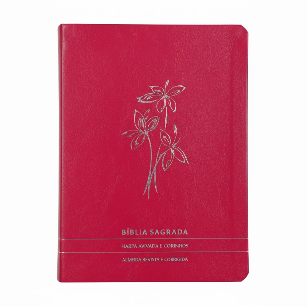 Bíblia Sagrada ARC, capa pink premium luxo com flores prateadas, harpa e corinhos. — Plenitude