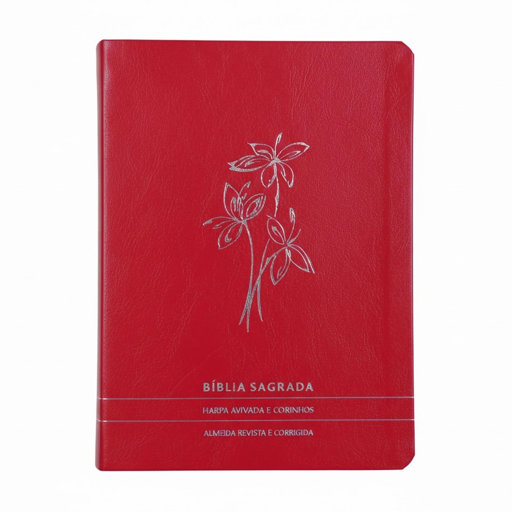 Bíblia Slim ARC vermelha com capa premium luxo, flores prateadas, harpa e corinhos. — Plenitude
