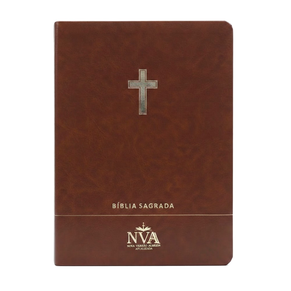Bíblia Slim NVA NAA, capa premium luxo marrom com cruz em relevo. — Plenitude