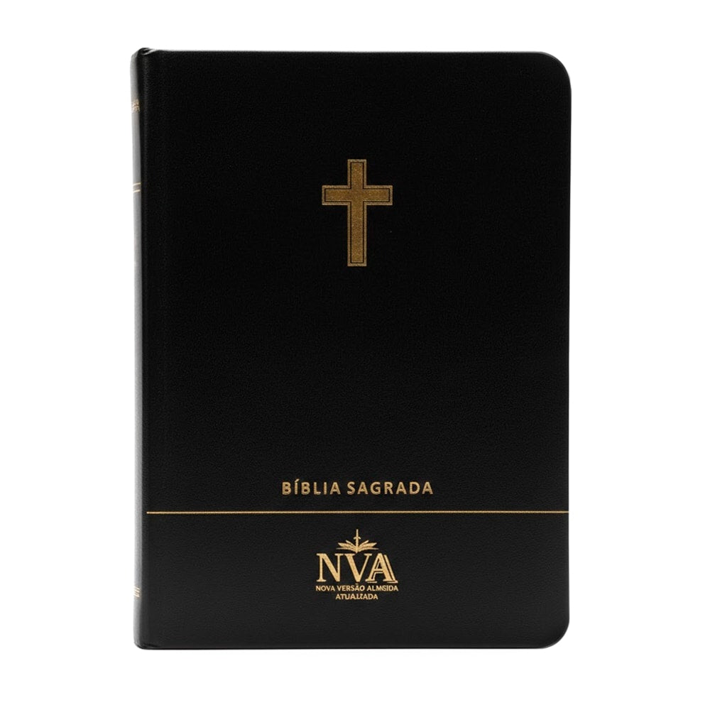 Bíblia Sagrada NVA, capa preta premium luxo com cruz dourada, letra normal. — Plenitude