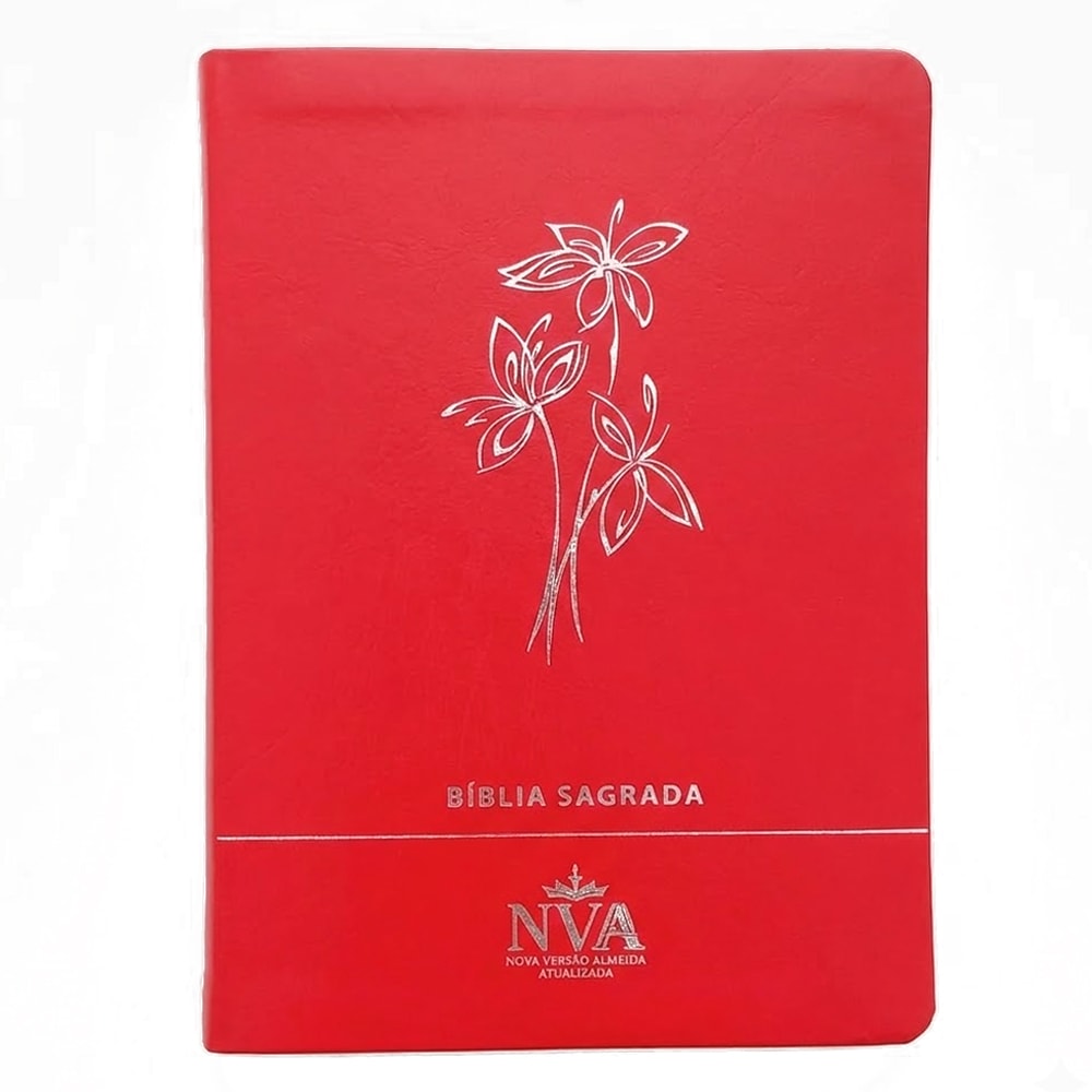 Bíblia Sagrada NVA, capa vermelha com ramo de flores prateado, versão Nova Almeida Atualizada. — Plenitude
