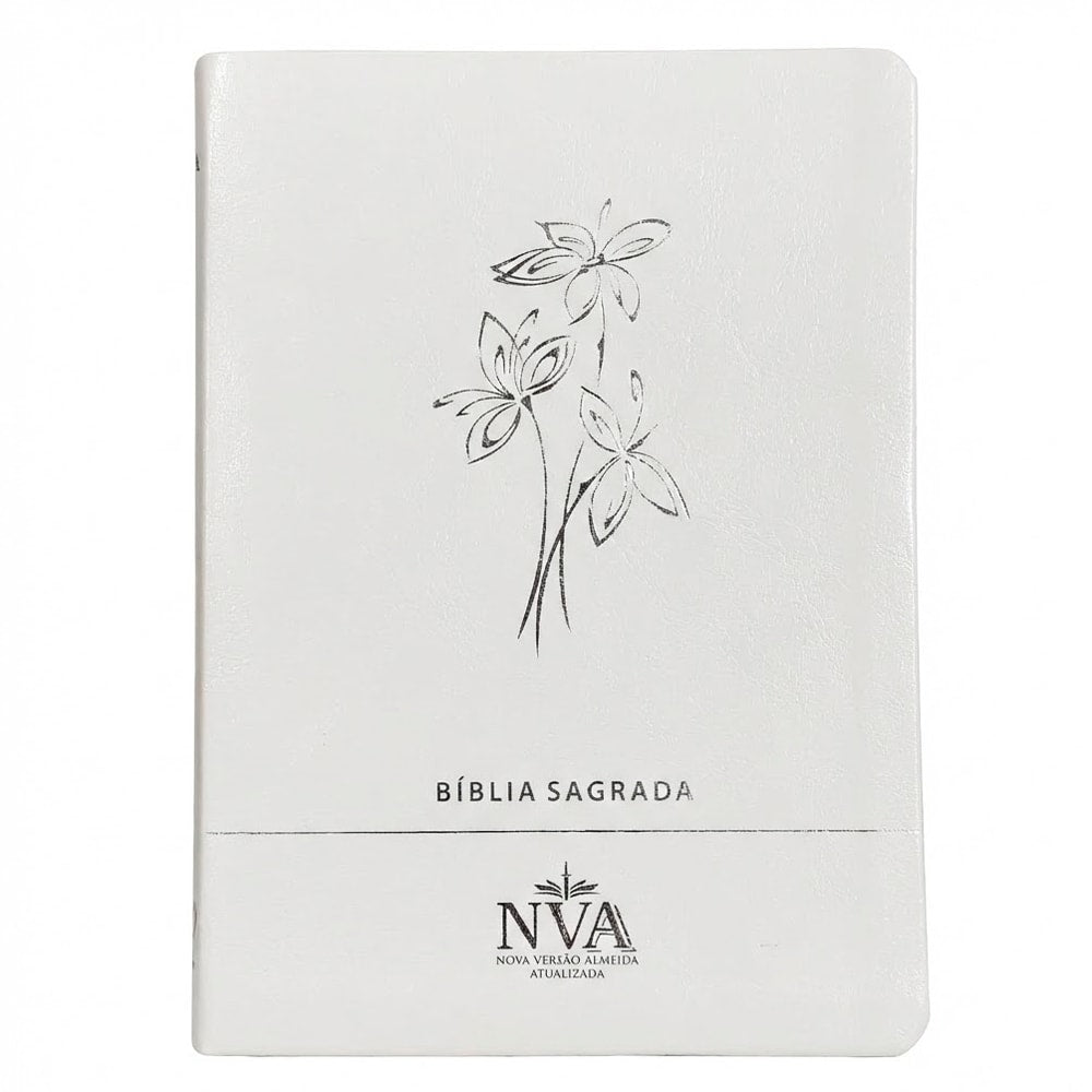 Bíblia Sagrada NVA, capa branca com ramo de flores, versão Nova Almeida Atualizada. — Plenitude