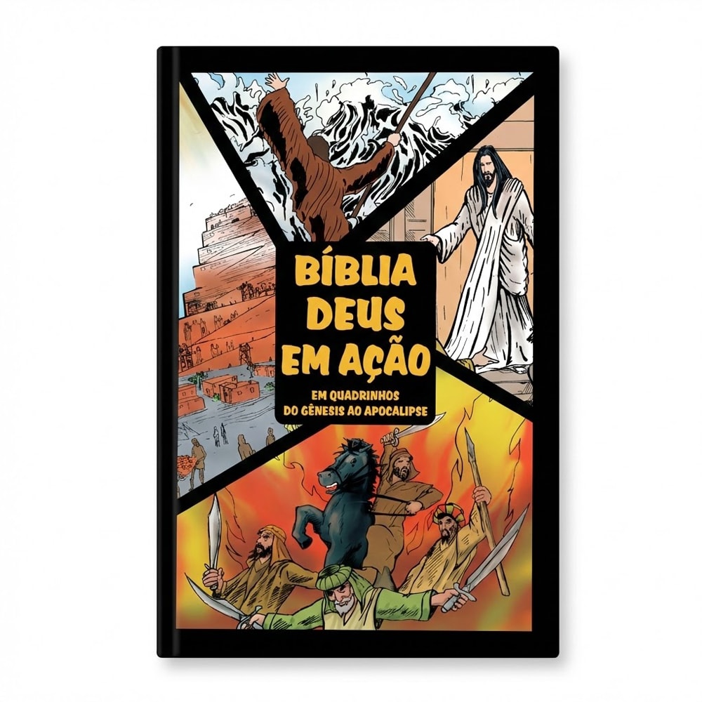 Bíblia Deus em Ação Em Quadrinhos, capa dura preta com ilustrações coloridas de cenas bíblicas. — Plenitude