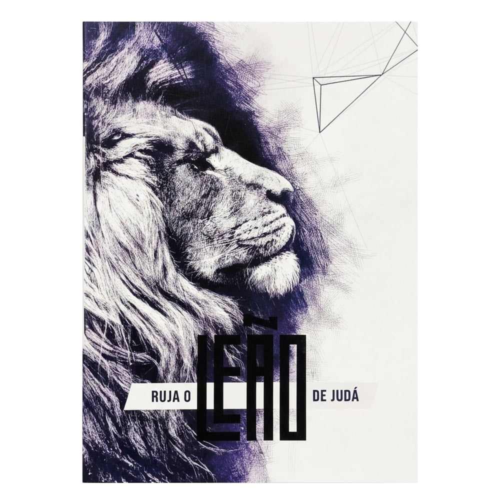 Capa de livro com leão em tons de roxo e branco, com o título "RUJA O LEÃO DE JUDÁ". — Plenitude