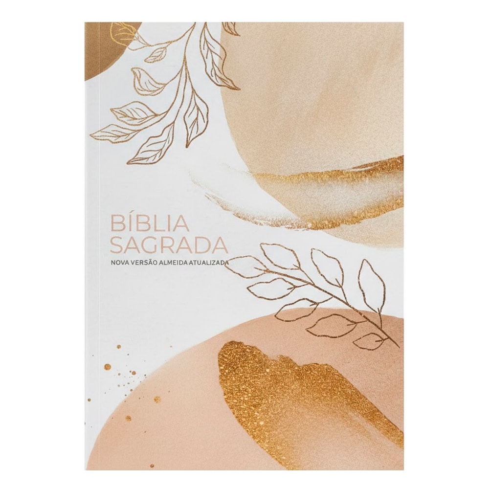 Bíblia Sagrada NVA, capa brochura branca com detalhes em tons terrosos, dourado e folhas. — Plenitude