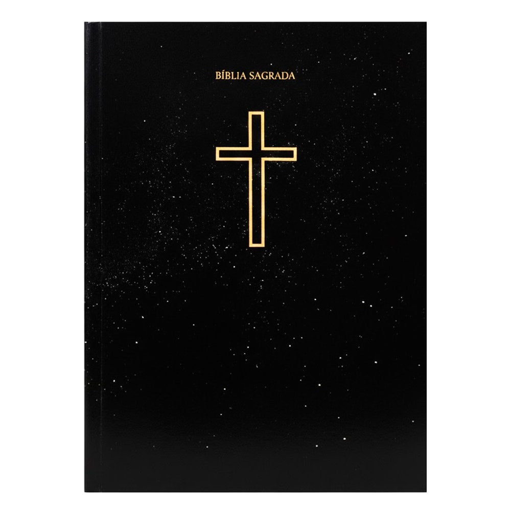 Bíblia Sagrada NVA, capa brochura preta com cruz dourada e pontos brancos simulando estrelas. — Plenitude