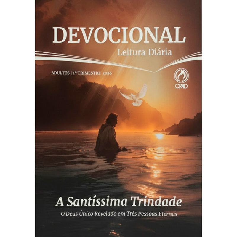 Capa do Devocional Leitura Diária, A Santíssima Trindade, com imagem de homem na água e pomba branca. — Plenitude