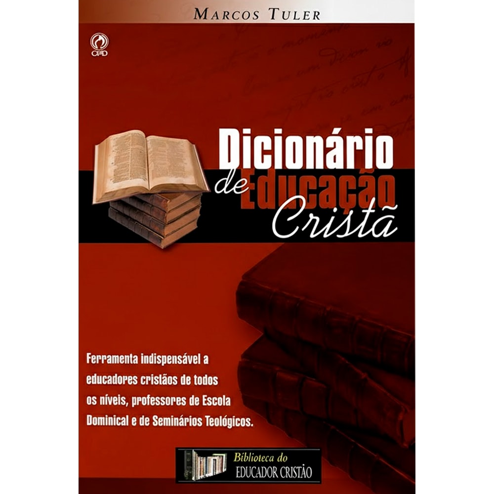Livro Dicionário de Educação Cristã, capa vermelha com livros antigos empilhados, título em letras brancas — Plenitude