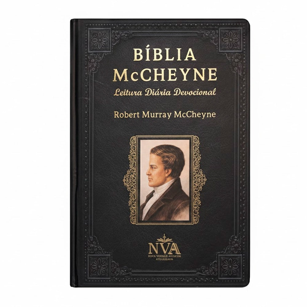 Bíblia McCheyne NVA, capa dura preta vintage com detalhes dourados e retrato de Robert Murray McCheyne. — Plenitude