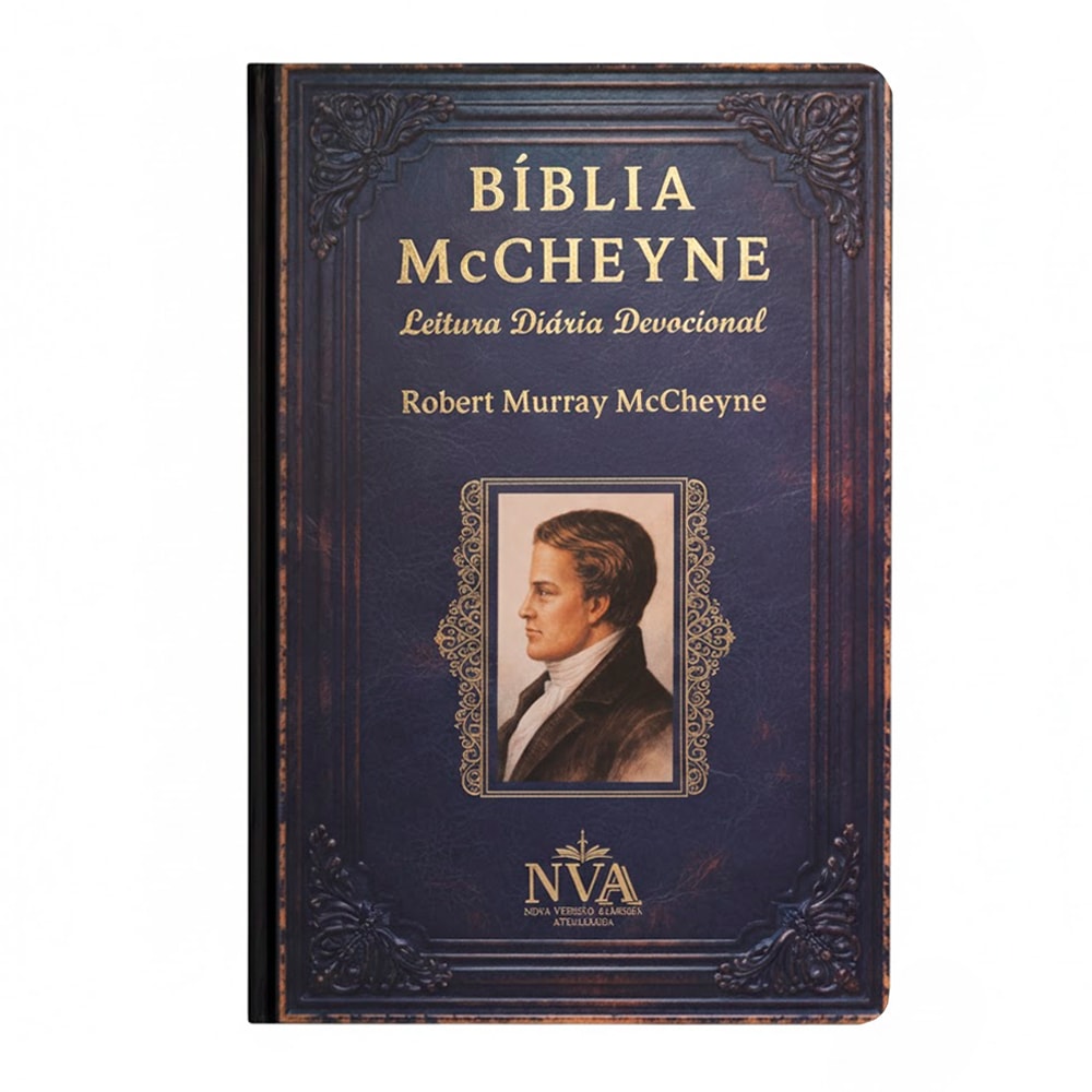 Bíblia McCheyne NVA, leitura diária devocional, capa dura vintage azul com detalhes dourados e retrato de Robert Murray McCheyne — Plenitude
