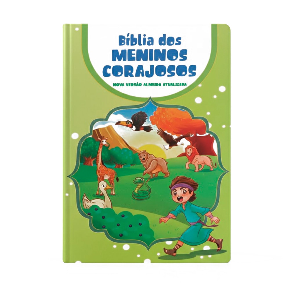 Bíblia dos Meninos Corajosos, NVA, capa dura verde com ilustração de menino e animais. — Plenitude