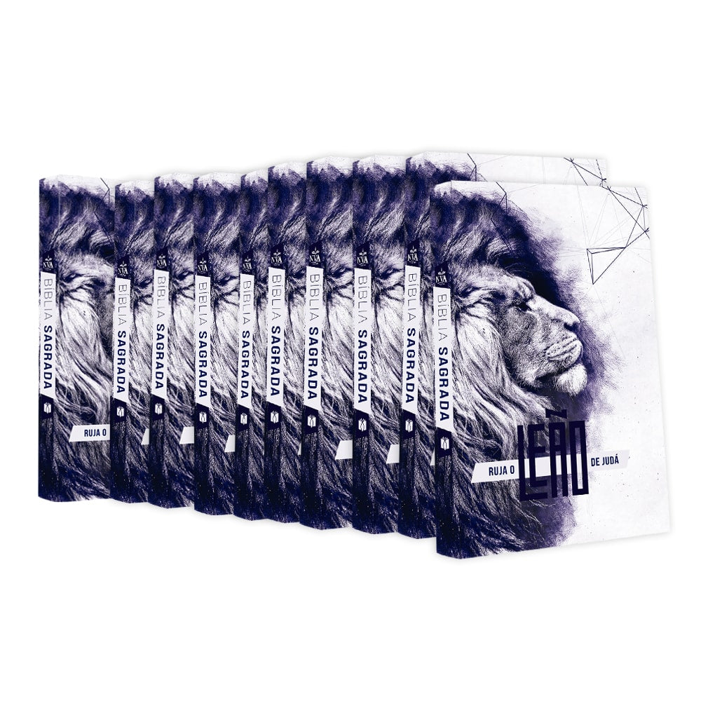 Kit de 10 Bíblias Sagradas NVA Ruja o Leão, capa brochura com ilustração de leão em tons de cinza. — Plenitude