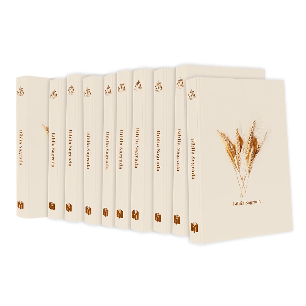 Kit 10 Bíblias Sagradas Trigo NVA, capas brochura bege com ilustração de trigo. — Plenitude