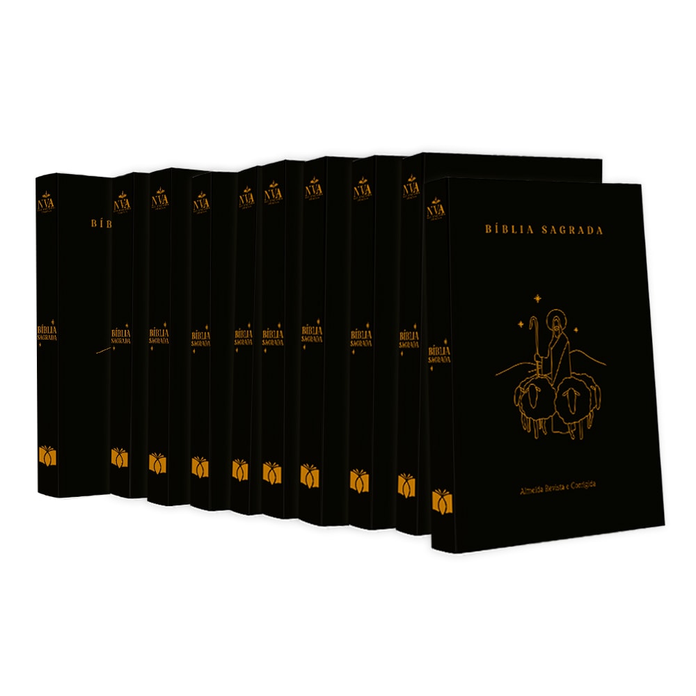 Kit 10 Bíblias Sagradas Bom Pastor NVA, capas brochura pretas com desenho dourado de pastor e ovelhas. — Plenitude