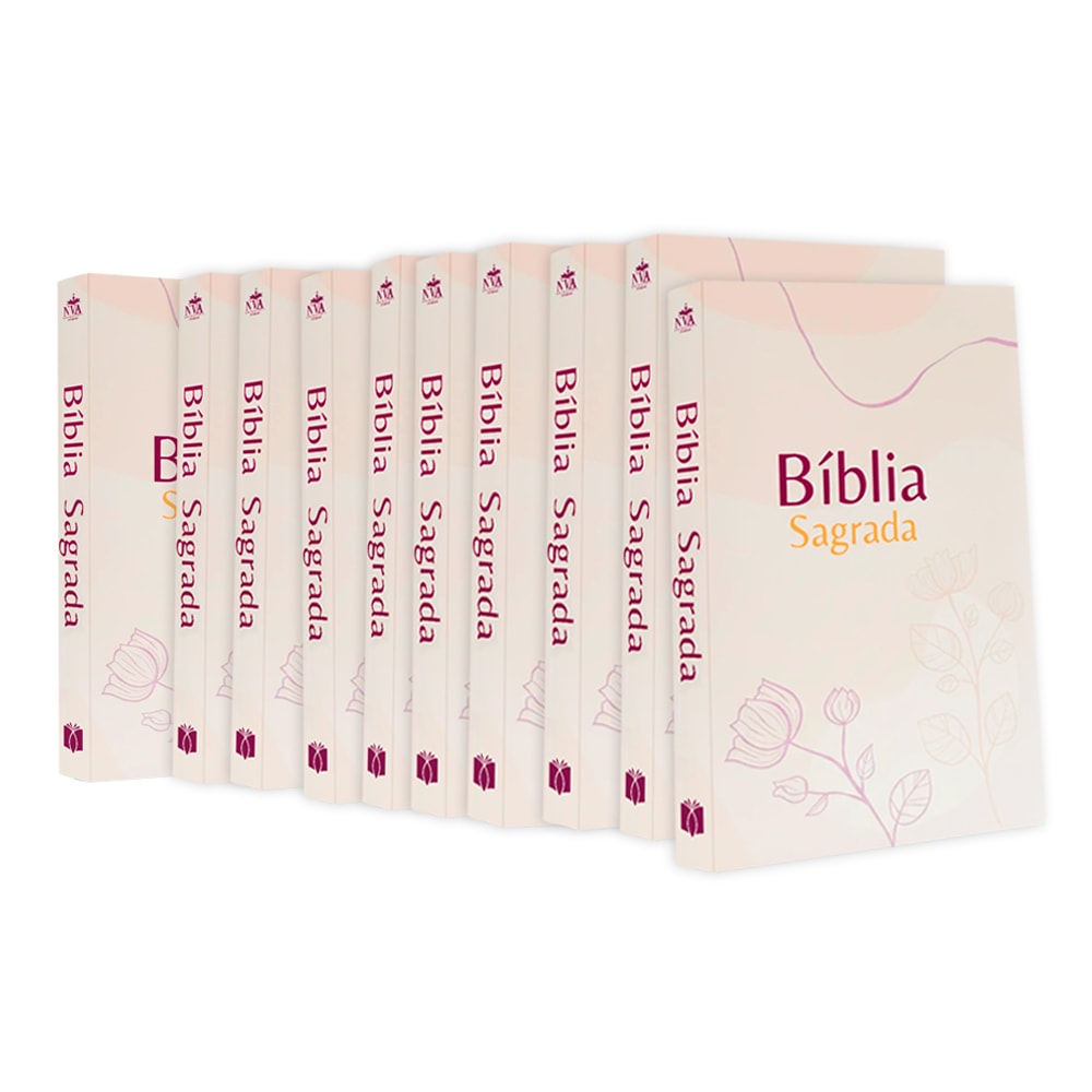 Kit 10 Bíblias Sagradas Flores NVA, capas brochura creme com desenhos de flores em tons de rosa. — Plenitude