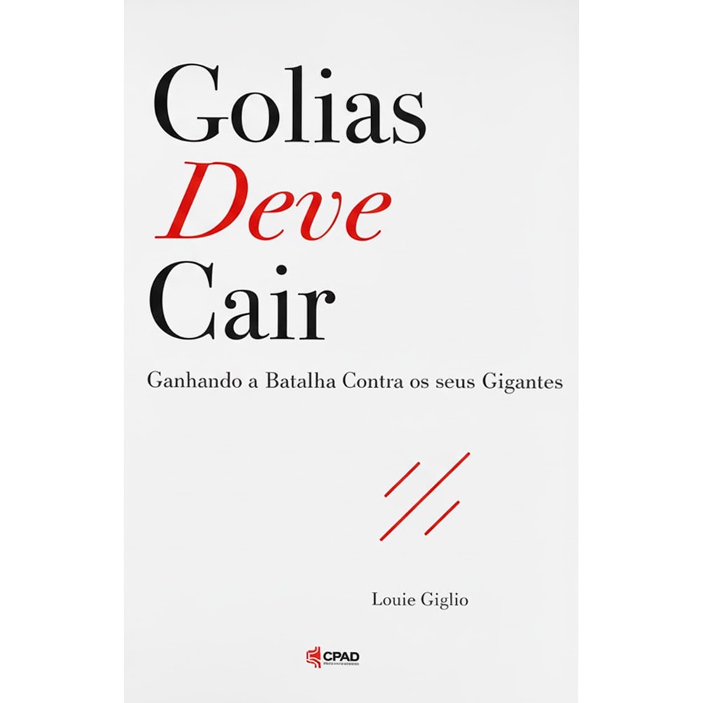 Capa de livro "Golias Deve Cair" de Louie Giglio, branca com letras pretas e vermelhas. — Plenitude