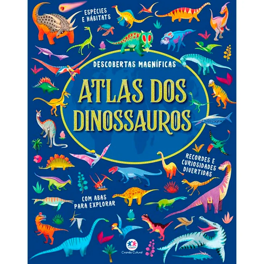 Atlas dos Dinossauros | Manuela Guaccio: Livro atlas com capa azul, diversas espécies de dinossauros. — Plenitude