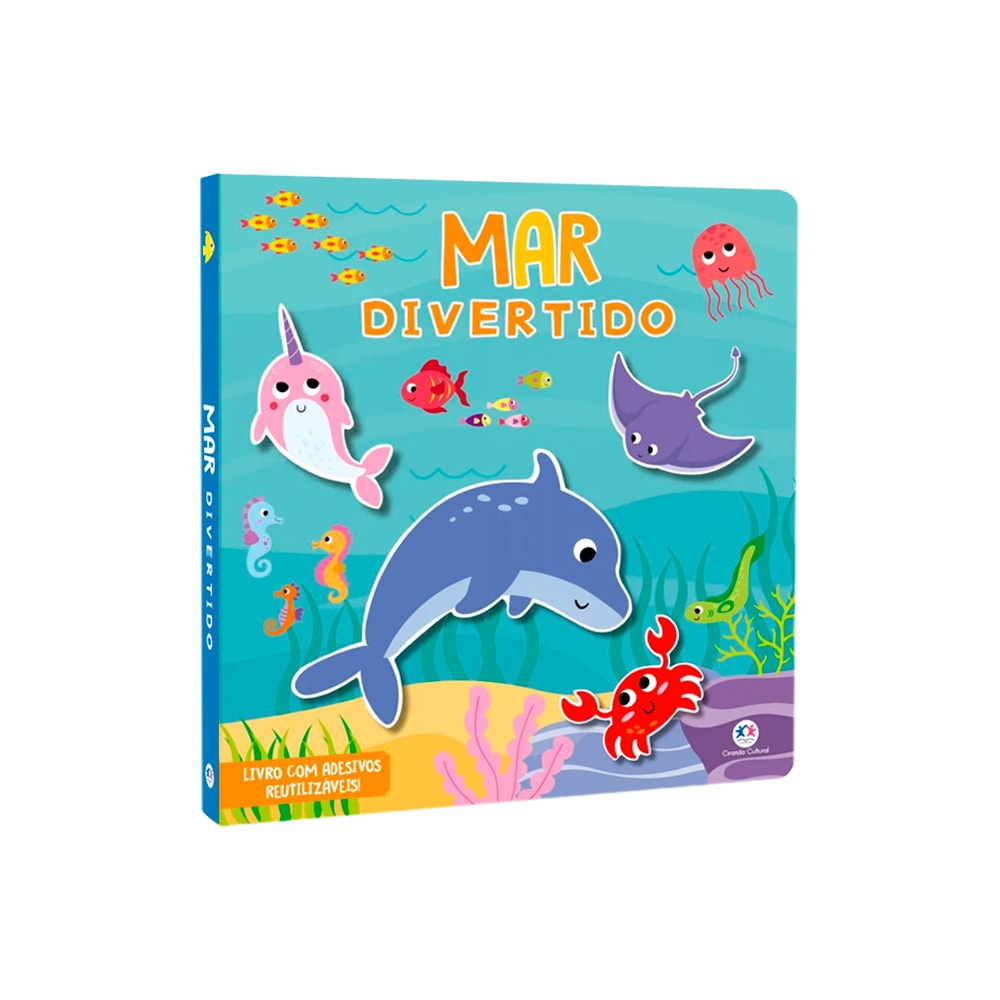 Livro infantil Mar Divertido, capa azul com animais marinhos coloridos. — Plenitude