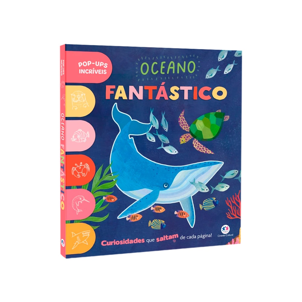 Livro infantil "Oceano Fantástico" com capa azul escura e ilustrações de animais marinhos. — Plenitude