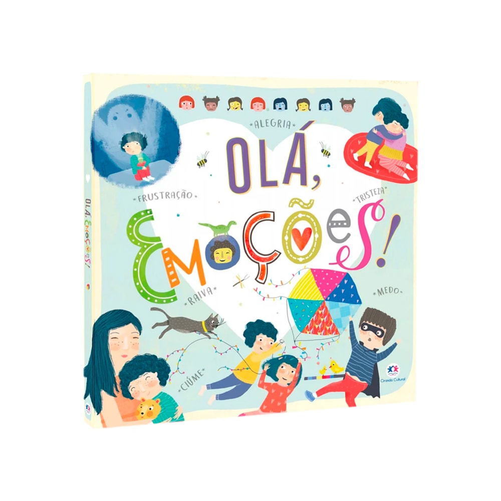 Livro infantil Olá, Emoções!, capa colorida com ilustrações de crianças e emoções. — Plenitude