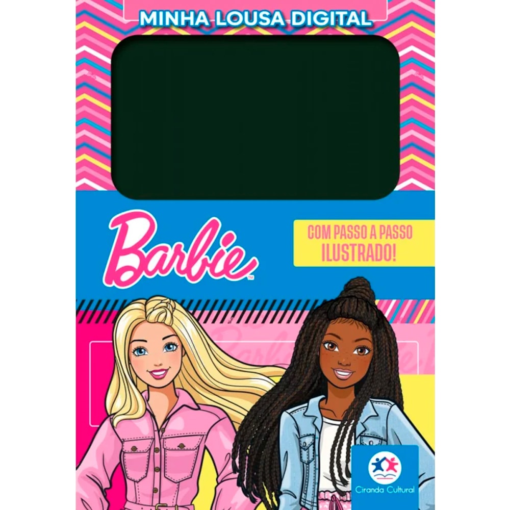 Livro Barbie Minha Lousa Digital, Vanessa Almeida, capa com fundo rosa e azul, com duas Barbies e uma lousa preta. — Plenitude