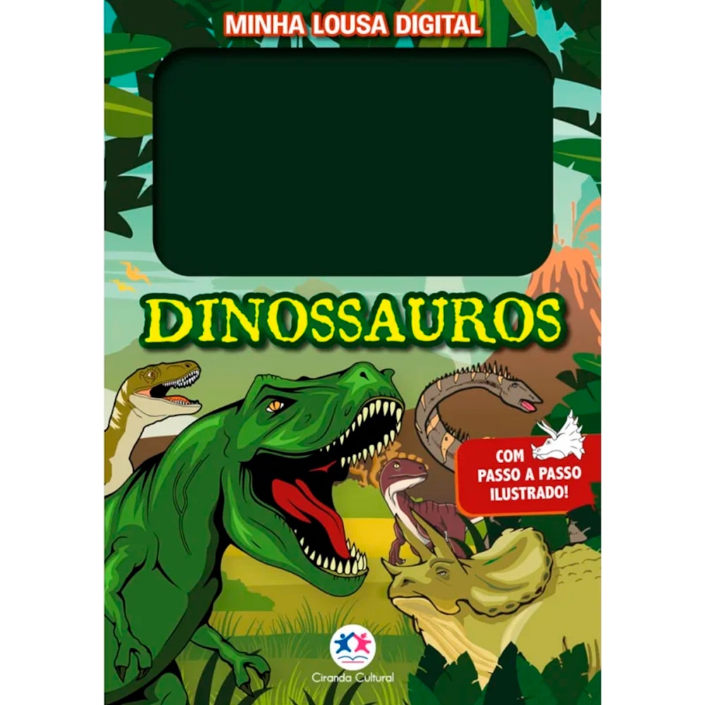 Livro Minha Lousa Digital Dinossauros, capa verde com tiranossauro e outros dinossauros. — Plenitude