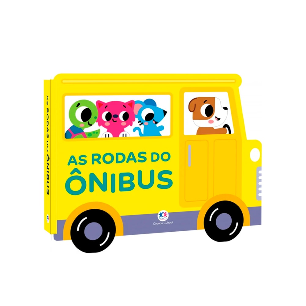Livro infantil As Rodas do Ônibus, capa amarela em formato de ônibus com personagens. — Plenitude
