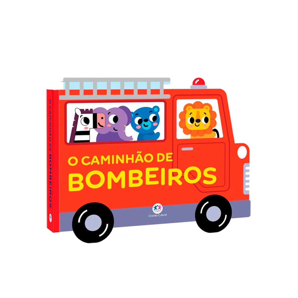 Livro infantil O Caminhão de Bombeiros, em formato de caminhão vermelho com animais. — Plenitude