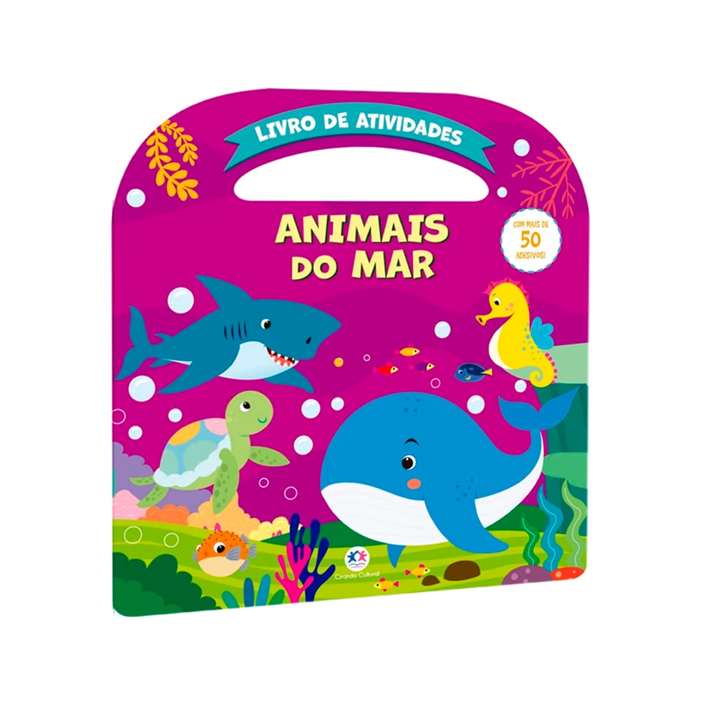 Livro de atividades Animais do Mar, capa rosa com ilustrações de animais marinhos. — Plenitude