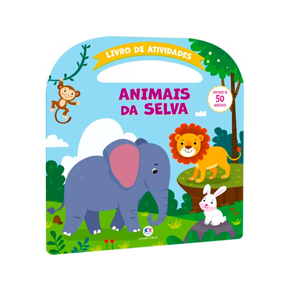 Livro de atividades Animais da Selva, capa colorida com ilustrações de animais da selva. — Plenitude